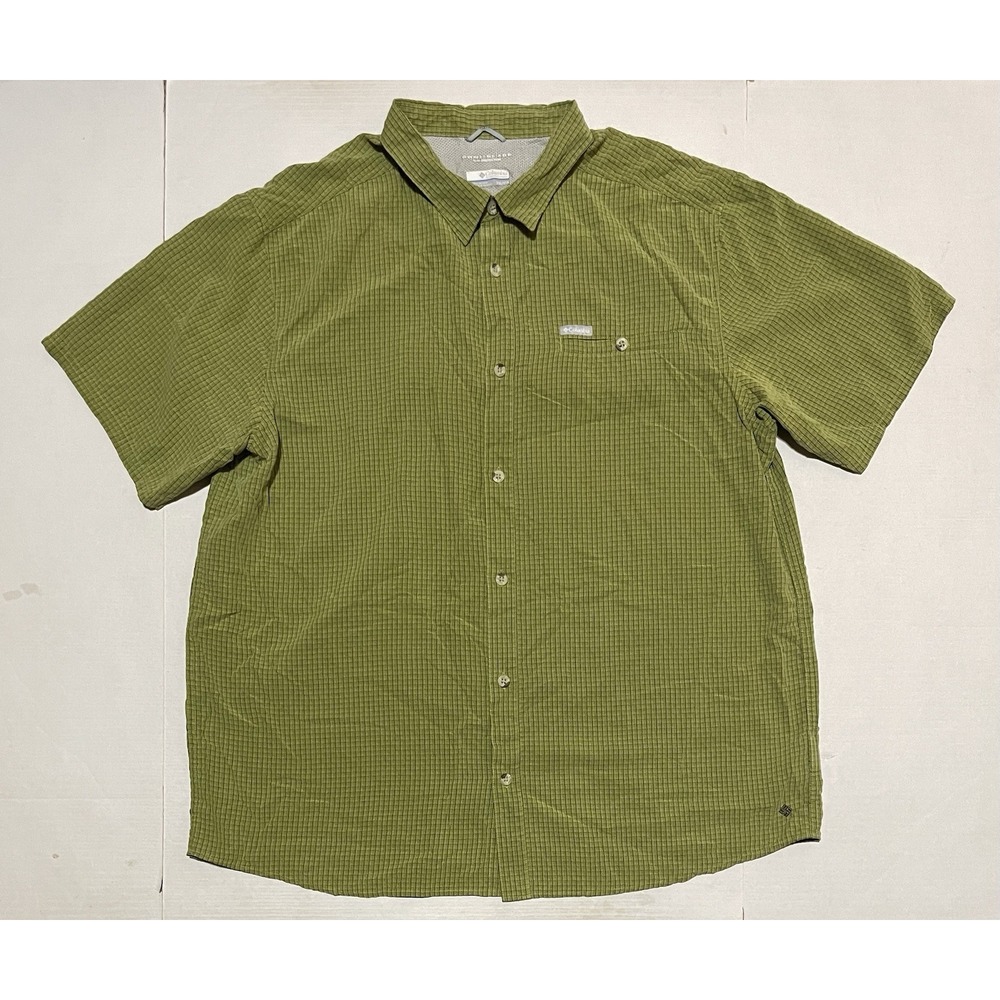 Columbia Omni Shade Fishing Shirt Mens XXL Olive Green Plaid Short Sleeve Button